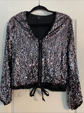 GAP Vintage 2010 Sequin Zip-Front Bomber Jacket Black Purple/Silver Small
